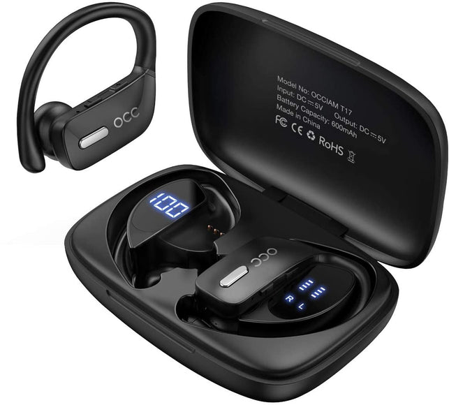 Occiam Wireless Earbuds Bluetooth Headphones 48H Play Back Earphones in Ear Waterproof with Microphone LED Display for Sports Running Workout Black