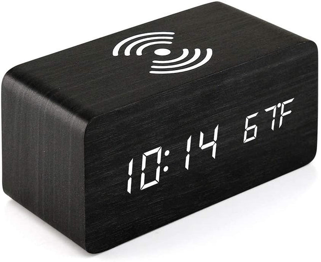 Oct17 Wooden Alarm Clock with Qi Wireless Charging Pad Compatible with iPhone Samsung Wood LED Digital Clock Sound Control Function, Time Date, Temper