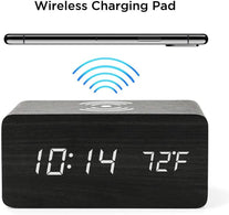 Oct17 Wooden Alarm Clock with Qi Wireless Charging Pad Compatible with iPhone Samsung Wood LED Digital Clock Sound Control Function, Time Date, Temper