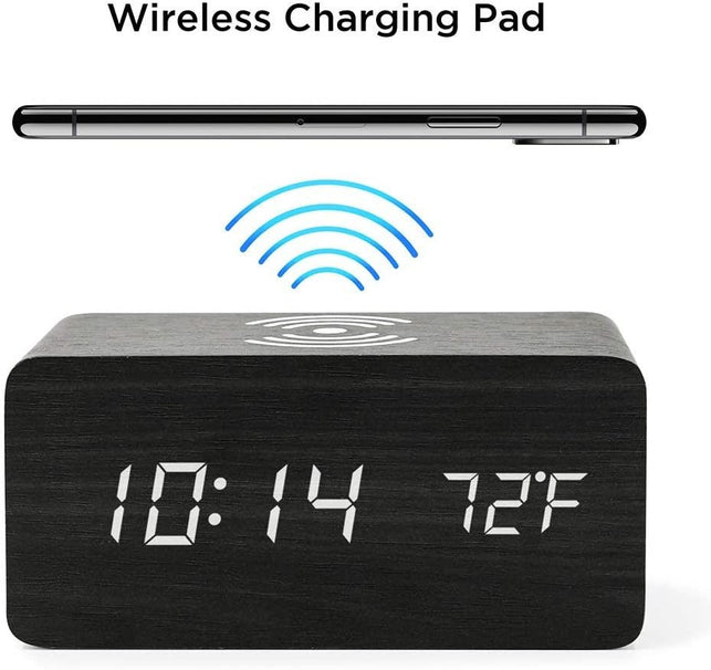 Oct17 Wooden Alarm Clock with Qi Wireless Charging Pad Compatible with iPhone Samsung Wood LED Digital Clock Sound Control Function, Time Date, Temper