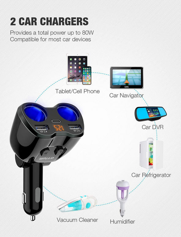 OTIUM USB C Car Charger, 2 Sockets Cigarette Lighter Splitter 12/24V 80W Dual USB Type-C Ports Separate Switch LED Voltage Display Built-in Replaceabl