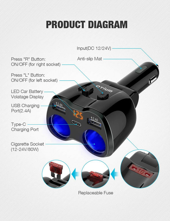 OTIUM USB C Car Charger, 2 Sockets Cigarette Lighter Splitter 12/24V 80W Dual USB Type-C Ports Separate Switch LED Voltage Display Built-in Replaceabl