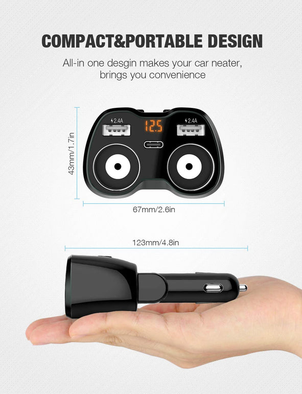 OTIUM USB C Car Charger, 2 Sockets Cigarette Lighter Splitter 12/24V 80W Dual USB Type-C Ports Separate Switch LED Voltage Display Built-in Replaceabl