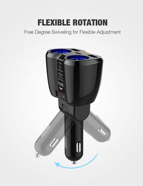 OTIUM USB C Car Charger, 2 Sockets Cigarette Lighter Splitter 12/24V 80W Dual USB Type-C Ports Separate Switch LED Voltage Display Built-in Replaceabl