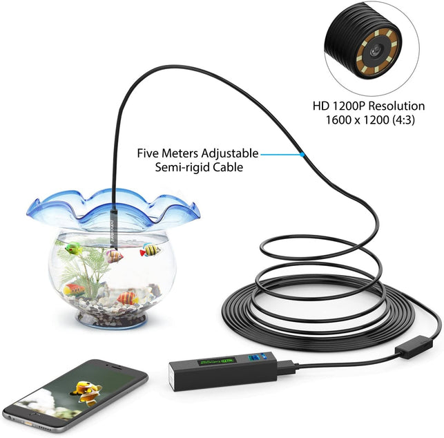 Pancellent Wireless Snake Camera 1200P Wifi Inspection Camera HD Endoscope with 8 LED Light Rigid Cable Borescope for Iphone Android Smartphone Table Ipad PC (5 Metes,16.5 FT)