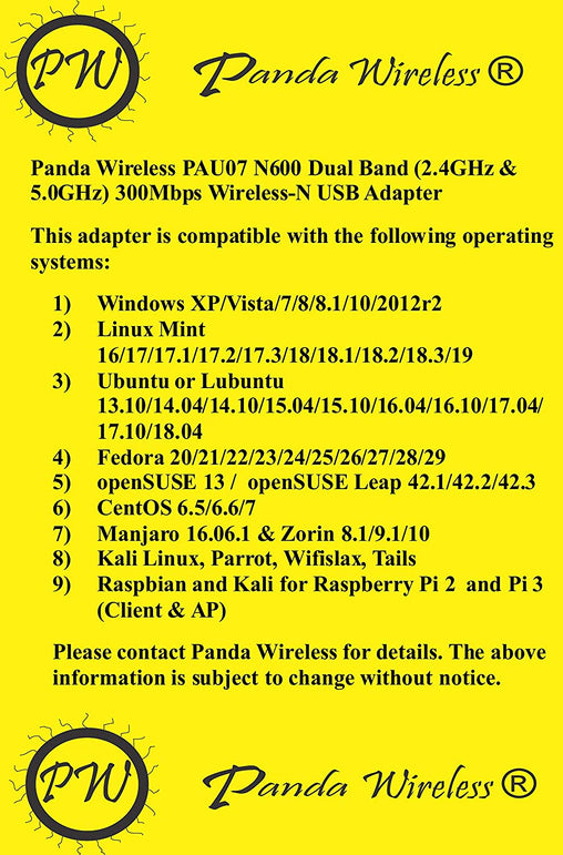 Panda N600 Dual Band (2.4GHz & 5.0GHz) 300Mbps Wireless N USB Adapter w/WPS Button - Windows XP/Vista/7/8/8.1/10/2008r2/2012r2,