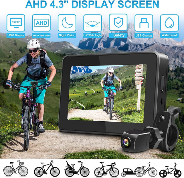 PARKVISION Bike Mirror,1080P AHD Bicycle Rear View Camera with 4.3''Screen,360°Rotatable Bracket DIY Installation Bike Handlebar Mirror,Crystal Night Vision with 110°Appropriate Angle for Most Bikes