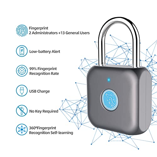 Pothunder Fingerprint Padlock, Smart Padlock, Locker Lock, Biometric Metal Keyless Thumbprint Lock, Waterproof, USB Rechargeable, for Gym Locker, School Locker, Luggage, Backpack, Suitcase(Gray)