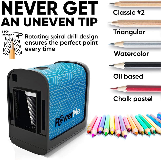 PowerMe Electric Pencil Sharpener - Battery Operated, for Home, Office, School, Artist, Students – Ultra Portable Automatic Pencil Sharpener, ideal fo