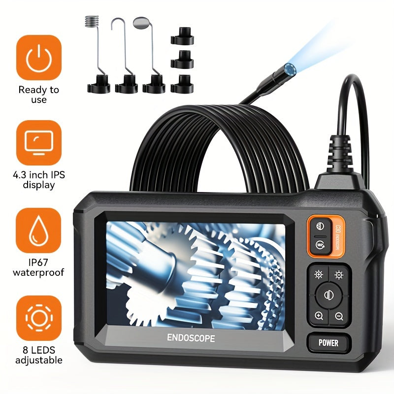 Industrial Endoscope 8mm  Digital Borescope Inspection Camera 43 Inch IPS LCD Screen IP67 Waterproof Snake Camera With 8 LED Lights 1510m SemiRigid Cable Auto Repair Plumbing House Auxiliary Inspection