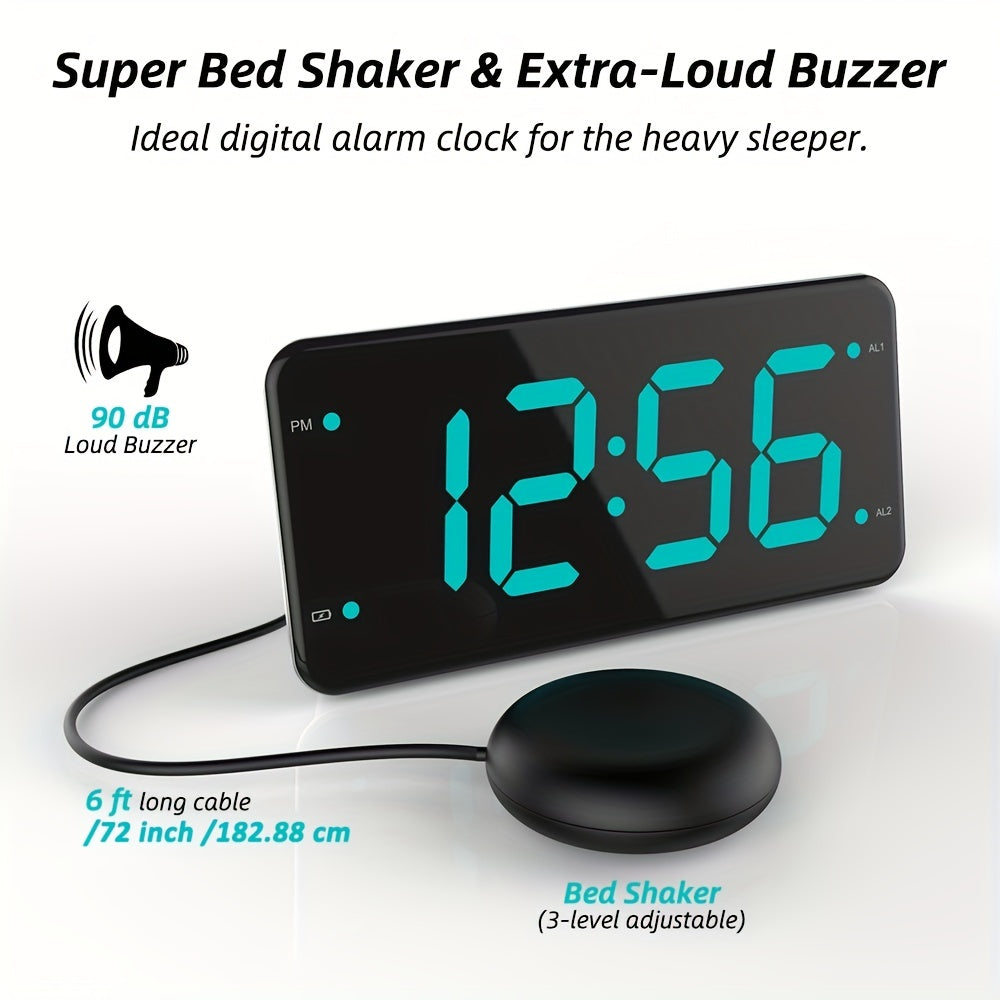 Extra Loud Alarm Clock Radio  Dual Alarm 7Inch Display Full Range Dimmer 2 USB Charger Ports Vibrating Bed Shaker for Heavy Sleepers Deaf and Hard of Hearing No Battery Required Compact Design