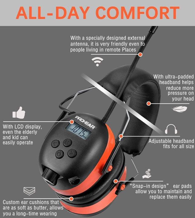 PROHEAR 033 Bluetooth 5.3 Hearing Protection Headphones with FM AM Radio - Rechargeable - 25Db NRR - 48H Playtime - Ideal for Lawn Mowing, Construction, Chainsaw, Landscaping - Orange