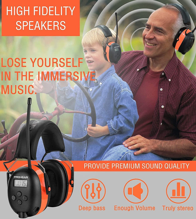 PROHEAR 033 Bluetooth 5.3 Hearing Protection Headphones with FM AM Radio - Rechargeable - 25Db NRR - 48H Playtime - Ideal for Lawn Mowing, Construction, Chainsaw, Landscaping - Orange