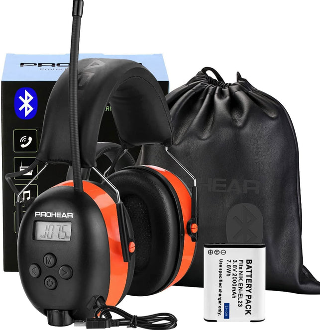 PROHEAR 033 Bluetooth 5.3 Hearing Protection Headphones with FM AM Radio - Rechargeable - 25Db NRR - 48H Playtime - Ideal for Lawn Mowing, Construction, Chainsaw, Landscaping - Orange