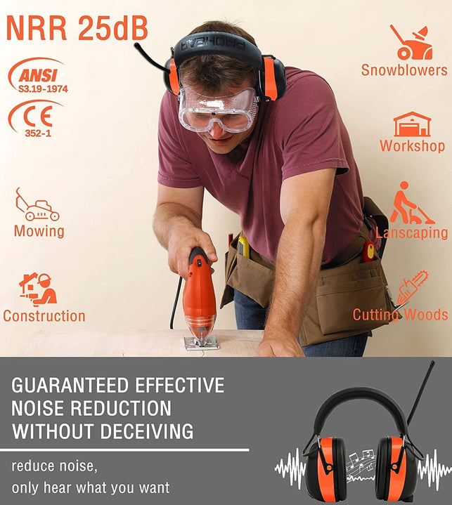 PROHEAR 033 Bluetooth 5.3 Hearing Protection Headphones with FM AM Radio - Rechargeable - 25Db NRR - 48H Playtime - Ideal for Lawn Mowing, Construction, Chainsaw, Landscaping - Orange