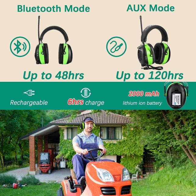 PROHEAR 033 Upgraded 5.1 Bluetooth Hearing Protection AM FM Radio Headphones, Noise Reduction Safety Earmuffs with Rechargeable 2000 Mah Battery, Ear Protector for Mowing Lawn Work - Green