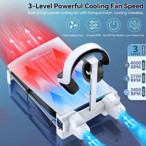 PS5 Horizontal Stand with 3-Level Cooling Fans for Playstation 5 Console, PS5 Accessories Cooling Stand with PS5 Controller Charger, PS5 Cooling Station with Headset Holder and Screw, USB-C Cable