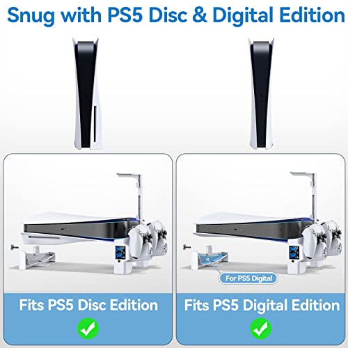 PS5 Horizontal Stand with 3-Level Cooling Fans for Playstation 5 Console, PS5 Accessories Cooling Stand with PS5 Controller Charger, PS5 Cooling Station with Headset Holder and Screw, USB-C Cable