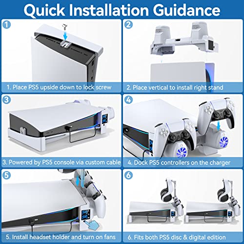 PS5 Horizontal Stand with 3-Level Cooling Fans for Playstation 5 Console, PS5 Accessories Cooling Stand with PS5 Controller Charger, PS5 Cooling Station with Headset Holder and Screw, USB-C Cable
