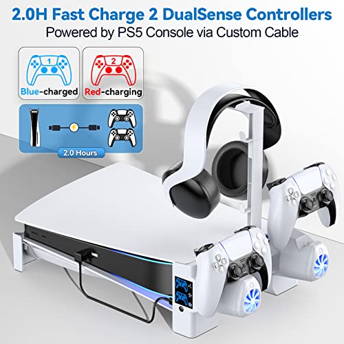 PS5 Horizontal Stand with 3-Level Cooling Fans for Playstation 5 Console, PS5 Accessories Cooling Stand with PS5 Controller Charger, PS5 Cooling Station with Headset Holder and Screw, USB-C Cable