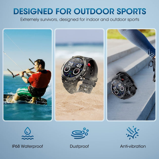 PUREROYI Smart Watch for Men Bluetooth Call (Answer/Make Call) IP68 Waterproof 1.32'' Military Tactical Fitness Watch Tracker for Android Ios Outdoor Sports Smartwatch(Black)