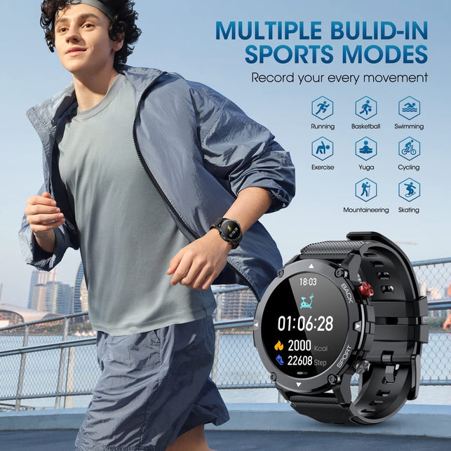PUREROYI Smart Watch for Men Bluetooth Call (Answer/Make Call) IP68 Waterproof 1.32'' Military Tactical Fitness Watch Tracker for Android Ios Outdoor Sports Smartwatch(Black)