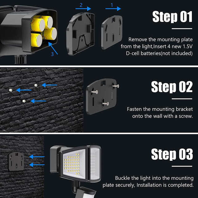 QUNCWL Motion Sensor Outdoor Lights Battery Powered - 1000LM Battery Operated LED Security Light - 5000K Flood Lights IP65 Waterproof 3 Head Wall Light for outside Garage Basement Barn