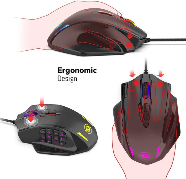 Redragon Impact RGB LED MMO Mouse with Side Buttons Laser Wired Gaming Mouse with 12,400DPI, High Precision, 18 Programmable Mouse Buttons