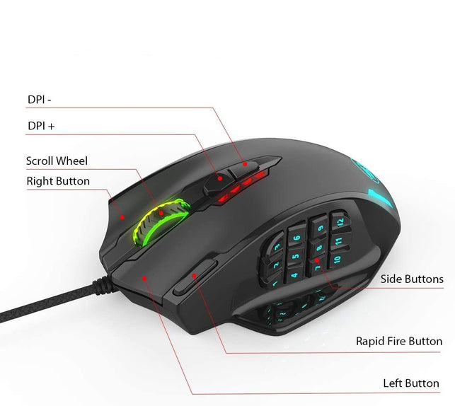 Redragon Impact RGB LED MMO Mouse with Side Buttons Laser Wired Gaming Mouse with 12,400DPI, High Precision, 18 Programmable Mouse Buttons