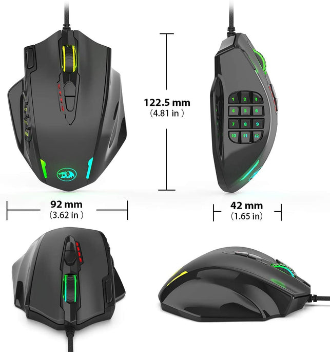 Redragon Impact RGB LED MMO Mouse with Side Buttons Laser Wired Gaming Mouse with 12,400DPI, High Precision, 18 Programmable Mouse Buttons