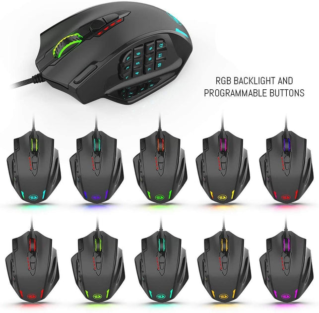 Redragon Impact RGB LED MMO Mouse with Side Buttons Laser Wired Gaming Mouse with 12,400DPI, High Precision, 18 Programmable Mouse Buttons