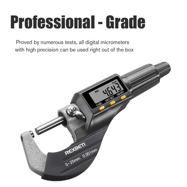 REXBETI Digital Micrometer, Professional Inch/Metric Thickness Measuring Tools 0.00005"/0.001 mm Resolution Thickness Gauge, Protective Case with Extr