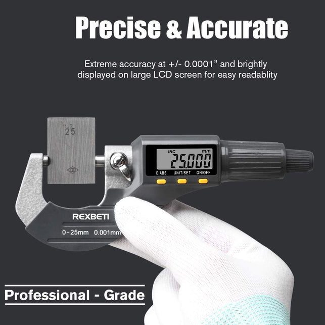 REXBETI Digital Micrometer, Professional Inch/Metric Thickness Measuring Tools 0.00005"/0.001 mm Resolution Thickness Gauge, Protective Case with Extr