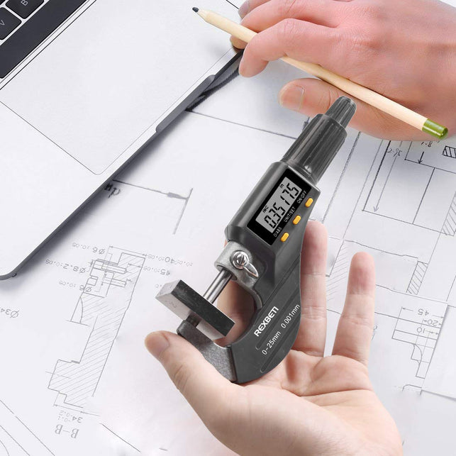 REXBETI Digital Micrometer, Professional Inch/Metric Thickness Measuring Tools 0.00005"/0.001 mm Resolution Thickness Gauge, Protective Case with Extr