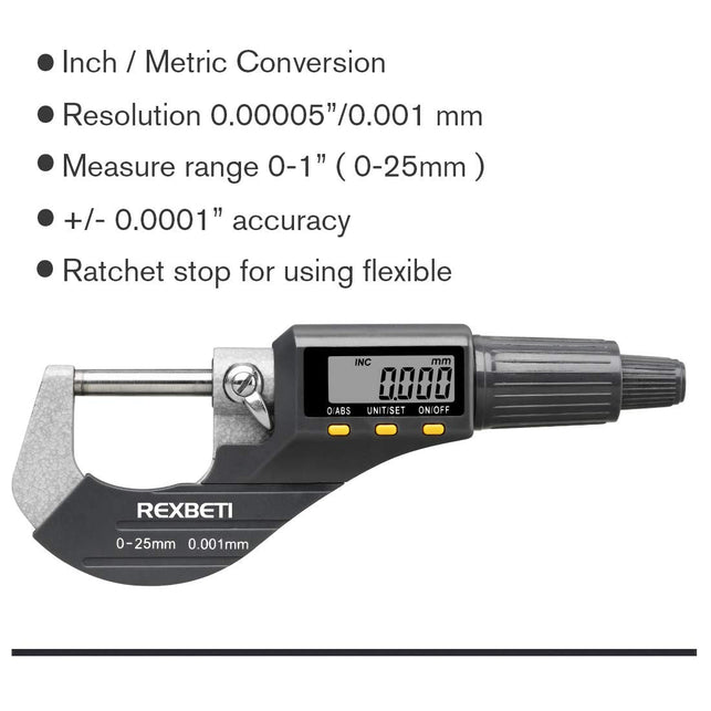 REXBETI Digital Micrometer, Professional Inch/Metric Thickness Measuring Tools 0.00005"/0.001 mm Resolution Thickness Gauge, Protective Case with Extr