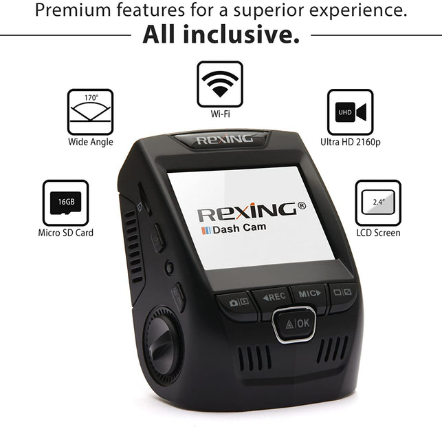 Rexing V1 3rd Generation 4K UHD WiFi Car Dash Cam 2.4" LCD 170° Wide Angle Dashboard Camera Recorder with WiFi, 32GB Card, G-Sensor, WDR, Loop Recordi