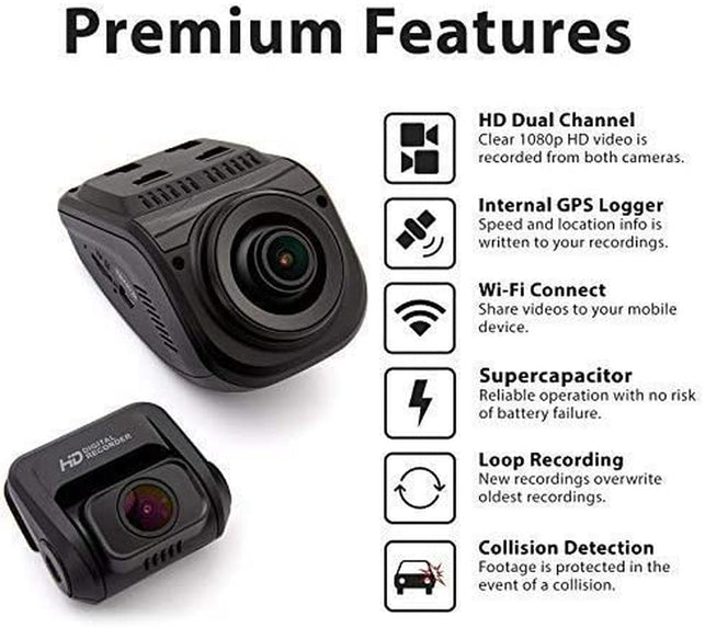 Rexing V1P Pro Dual 1080P Full HD Front and Rear 170° Wide Angle Wi-Fi Car Dash Cam with Built-In GPS Logger, Supercapacitor, 2.4" LCD Screen, G-Sensor, Loop Recording, Mobile App, Parking Monitor