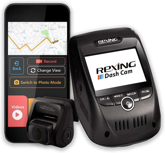 Rexing V1P Pro Dual 1080P Full HD Front and Rear 170° Wide Angle Wi-Fi Car Dash Cam with Built-In GPS Logger, Supercapacitor, 2.4" LCD Screen, G-Sensor, Loop Recording, Mobile App, Parking Monitor