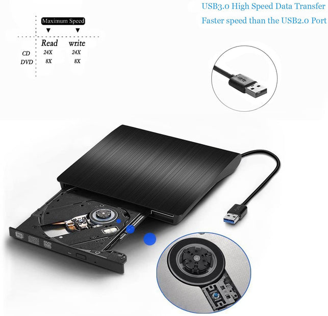Rioddas External CD Drive, USB 3.0 Portable CD/DVD +/-RW Drive Slim DVD/CD ROM Rewriter Burner Compatible with Laptop Desktop PC Windows Linux OS Appl