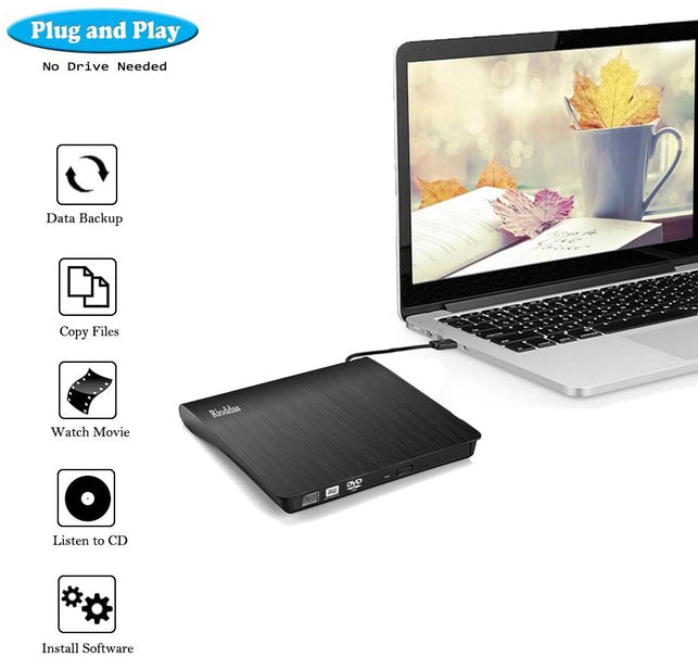 Rioddas External CD Drive, USB 3.0 Portable CD/DVD +/-RW Drive Slim DVD/CD ROM Rewriter Burner Compatible with Laptop Desktop PC Windows Linux OS Appl