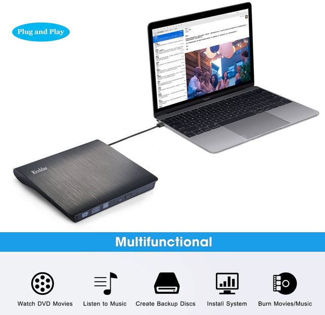 Rioddas External CD Drive, USB 3.0 Portable CD/DVD +/-RW Drive Slim DVD/CD ROM Rewriter Burner Compatible with Laptop Desktop PC Windows Linux OS Appl