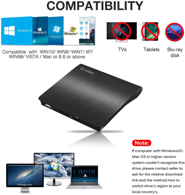 Rioddas External CD Drive, USB 3.0 Portable CD/DVD +/-RW Drive Slim DVD/CD ROM Rewriter Burner Compatible with Laptop Desktop PC Windows Linux OS Appl