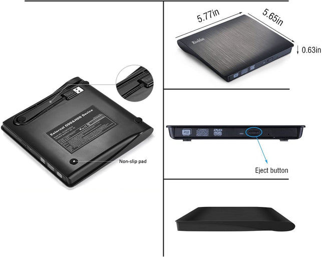 Rioddas External CD Drive, USB 3.0 Portable CD/DVD +/-RW Drive Slim DVD/CD ROM Rewriter Burner Compatible with Laptop Desktop PC Windows Linux OS Appl