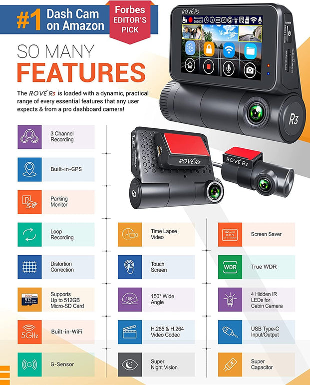 Rove R3 Dash Cam, 3” IPS Touch Screen, 3 Channel Dash Cam Front and Rear with Cabin, 5.0 Ghz Wifi, Built-In GPS, 2K-1440P+1080P+1080P, 24-HR Parking Monitor, Supercapacitor, Supports up to 512GB Max