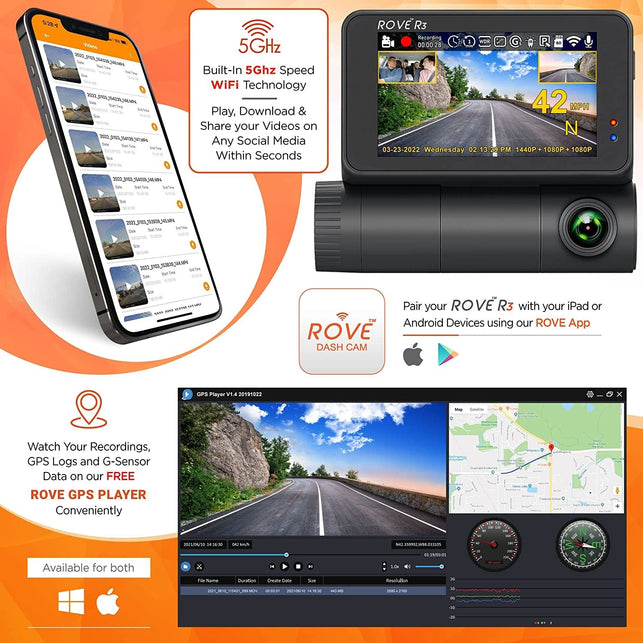 Rove R3 Dash Cam, 3” IPS Touch Screen, 3 Channel Dash Cam Front and Rear with Cabin, 5.0 Ghz Wifi, Built-In GPS, 2K-1440P+1080P+1080P, 24-HR Parking Monitor, Supercapacitor, Supports up to 512GB Max