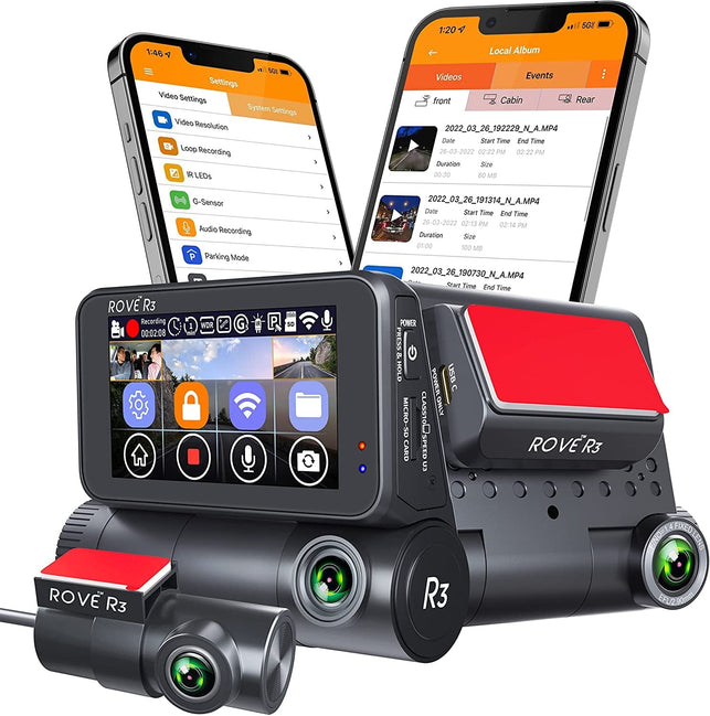 Rove R3 Dash Cam, 3” IPS Touch Screen, 3 Channel Dash Cam Front and Rear with Cabin, 5.0 Ghz Wifi, Built-In GPS, 2K-1440P+1080P+1080P, 24-HR Parking Monitor, Supercapacitor, Supports up to 512GB Max