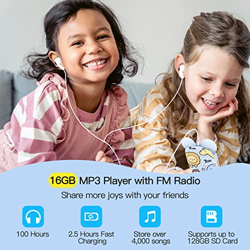 RUIZU Bluetooth MP3 Player for Kids, Cartoon Zoo Portable Music Player 16GB, Child MP3 Player with Bluetooth, Speaker, FM Radio, Voice Recording, Stopwatch, Pedometer, Expandable 128GB Micro SD Card