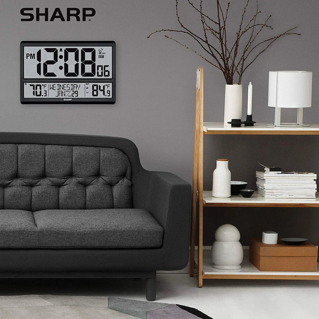 SHARP Atomic Clock - Never Needs Setting! –Easy to Read Numbers - Indoor/ Outdoor Temperature, Wireless Outdoor Sensor - Battery Powered - Easy Set-Up!! (4" Numbers)