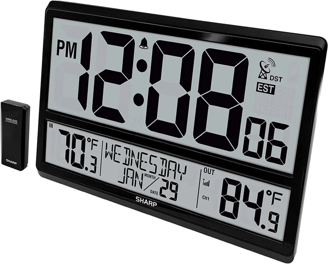 SHARP Atomic Clock - Never Needs Setting! –Easy to Read Numbers - Indoor/ Outdoor Temperature, Wireless Outdoor Sensor - Battery Powered - Easy Set-Up!! (4" Numbers)