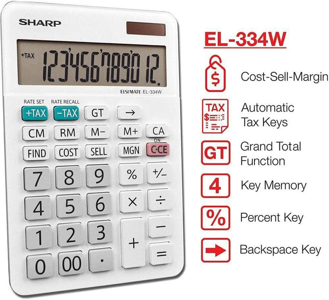 Sharp El334W El-334W Large Desktop Calculator, 12-Digit Lcd